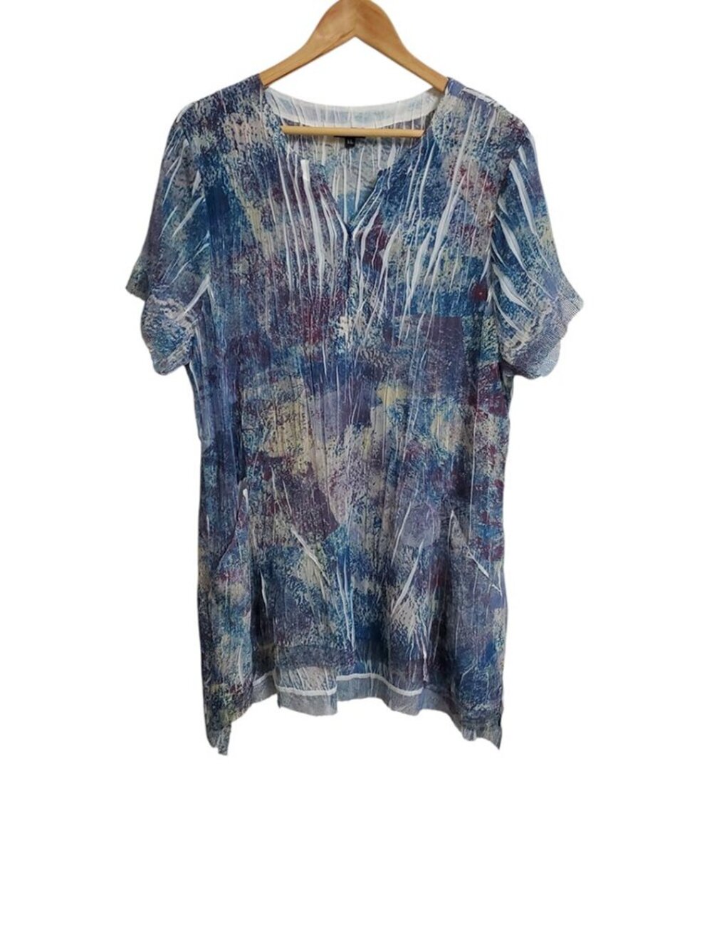 KOMAROV Womens Tunic Top Abstract Crinkle XL Short Sleeve Pockets Net Lace USA